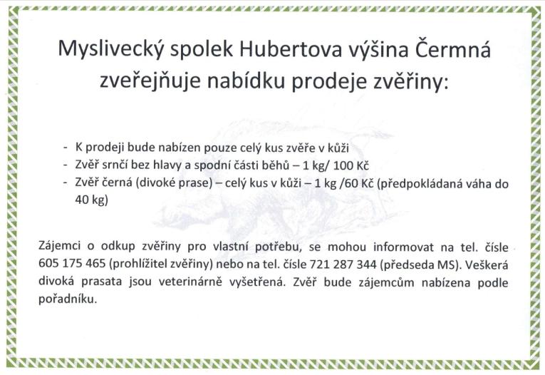 Prodej zvěřiny - leták
